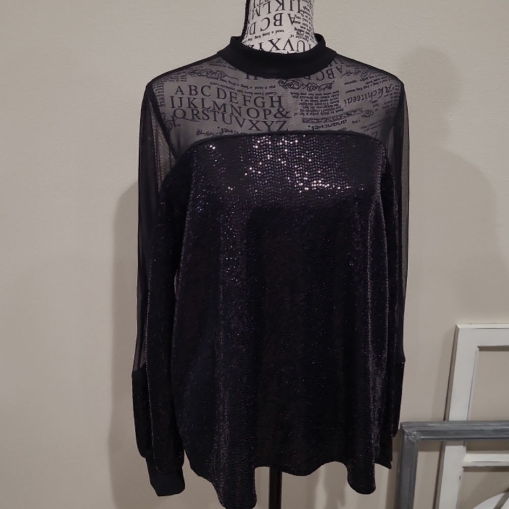 Nine West Women's SZ S black Sequin semi sheer mesh blouse. Lg. Sleeve mock neck